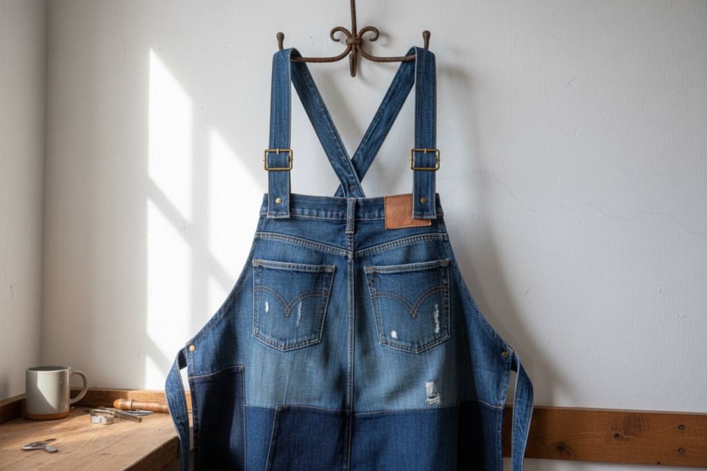 functional denim apron made from upcycled jeans with pockets