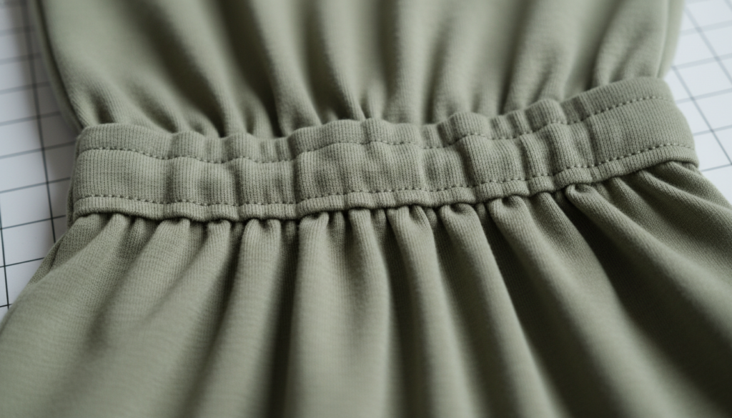 gathered fabric at waistline showing shirring technique