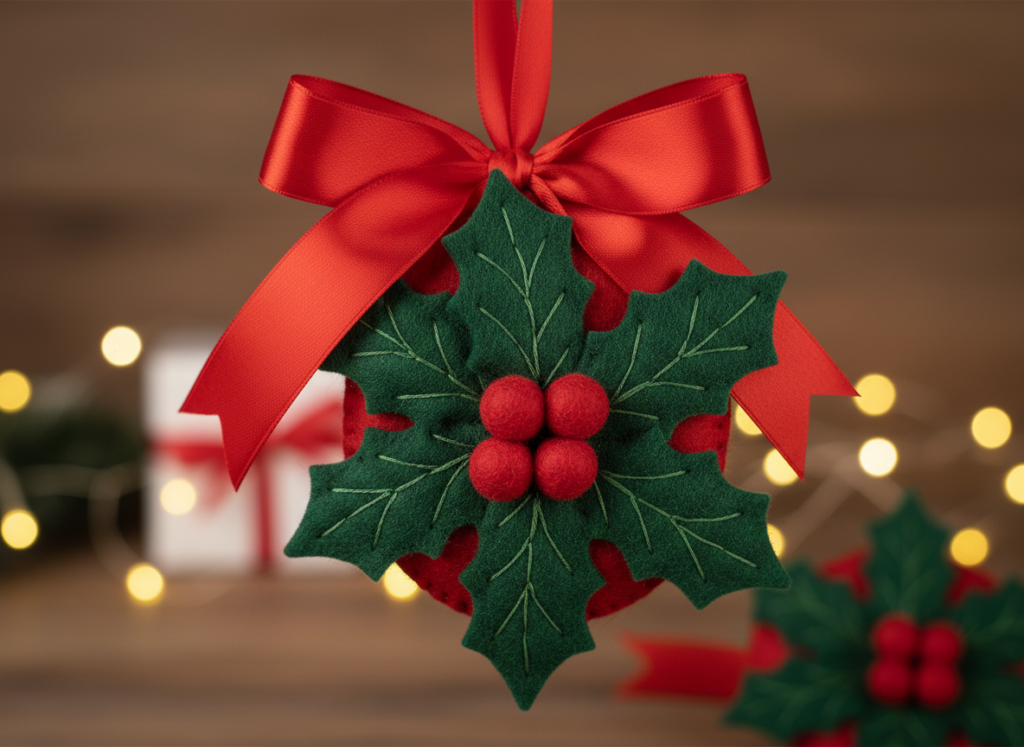 green felt holly leaf ornaments with red berry details
