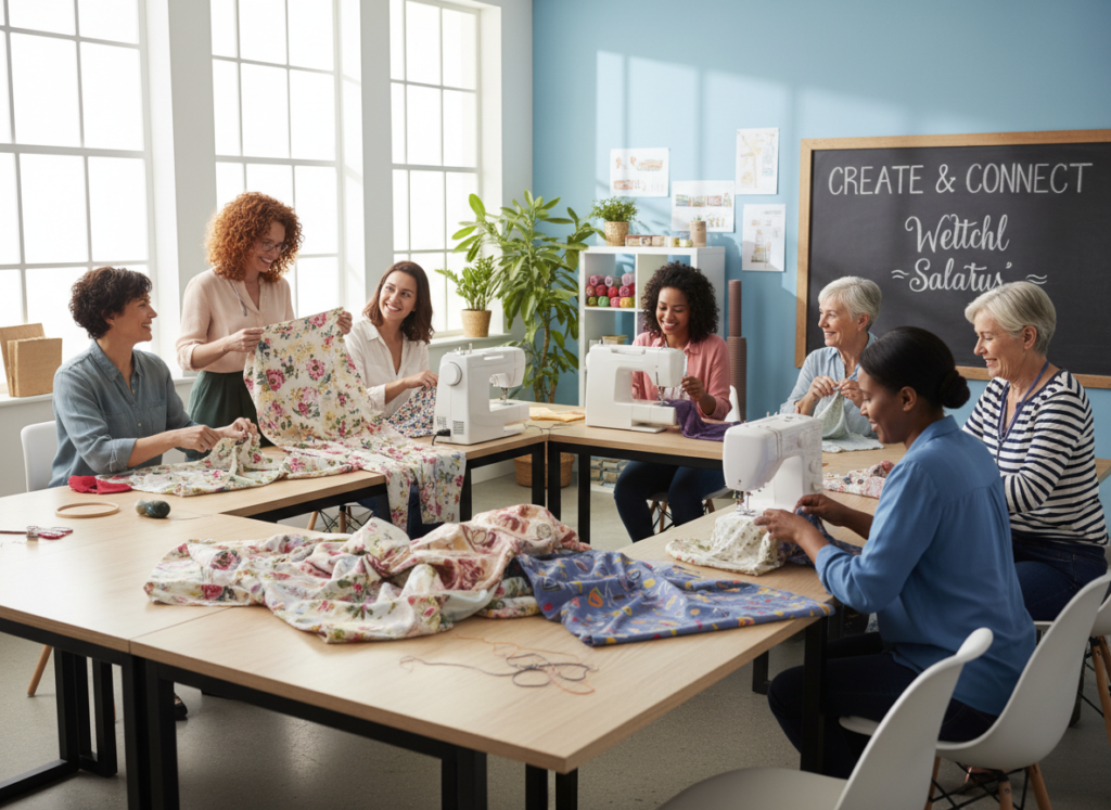group of women at sewing class working together