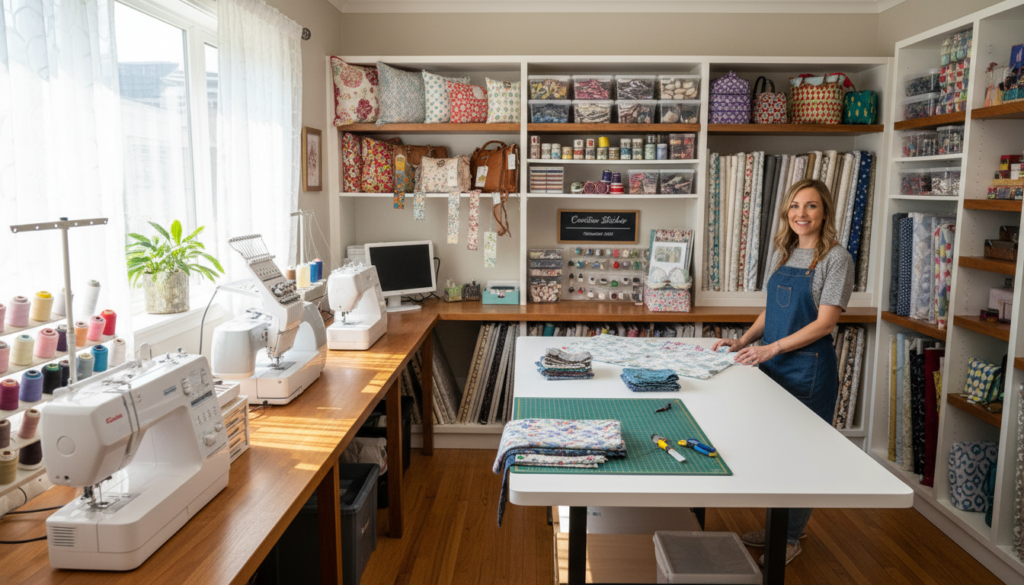 growing sewing business with multiple work stations and organized inventory