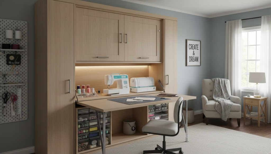 guest bedroom with Murphy bed and sewing station
