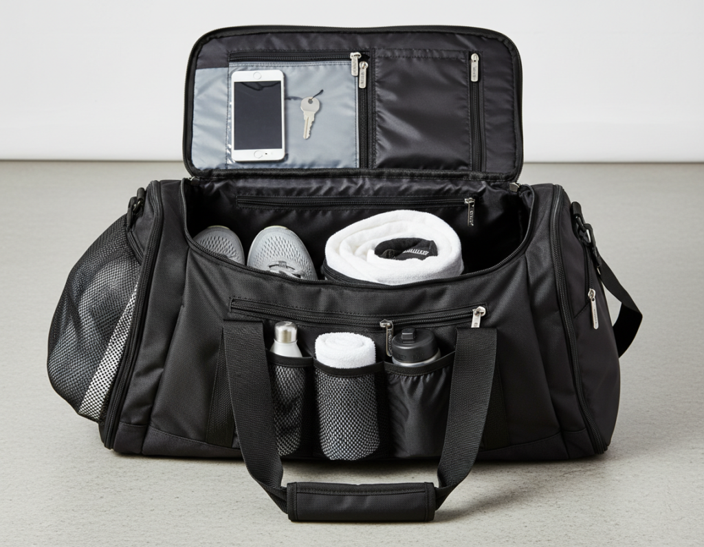 gym bag interior showing organization pockets and compartments