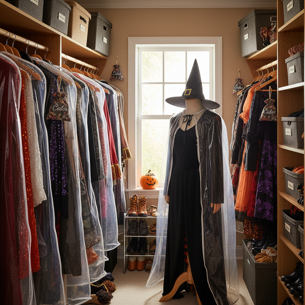 halloween costumes hanging in garment bags in closet