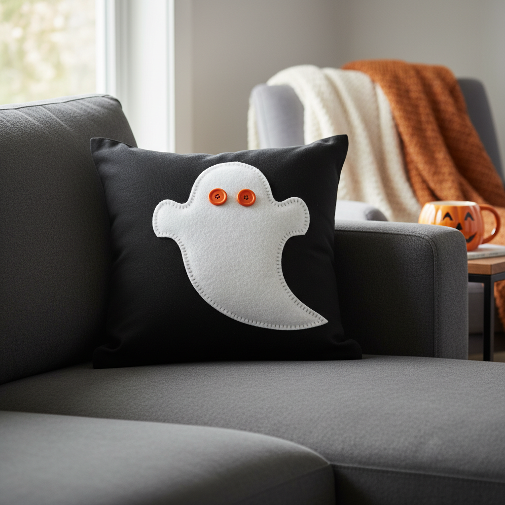 halloween pillow pattern with applique ghost design on black fabric