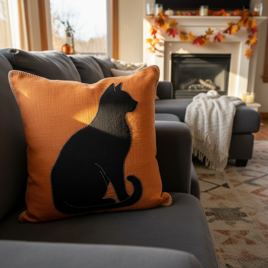 halloween pillow with black cat applique sewing project