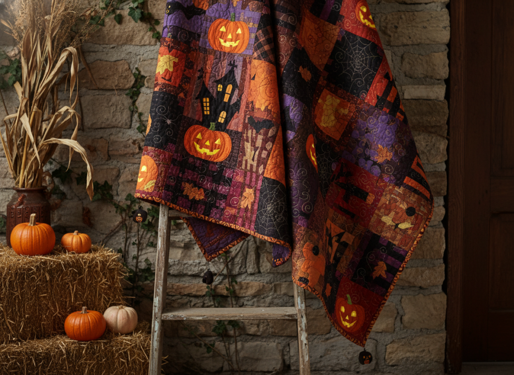 halloween quilt pattern showing intricate patchwork design with seasonal motifs