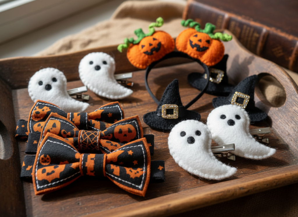 halloween sewing accessories including bow ties and hair accessories
