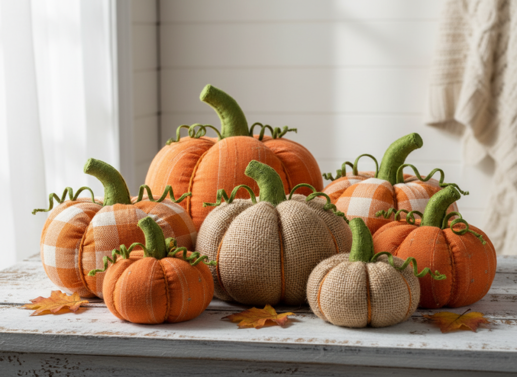 halloween sewing pattern for fabric pumpkins in various sizes with orange cotton material