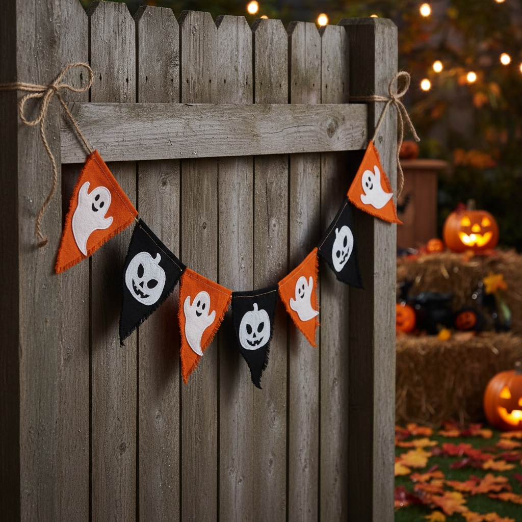 halloween sewing project showing decorative bunting with triangle flags