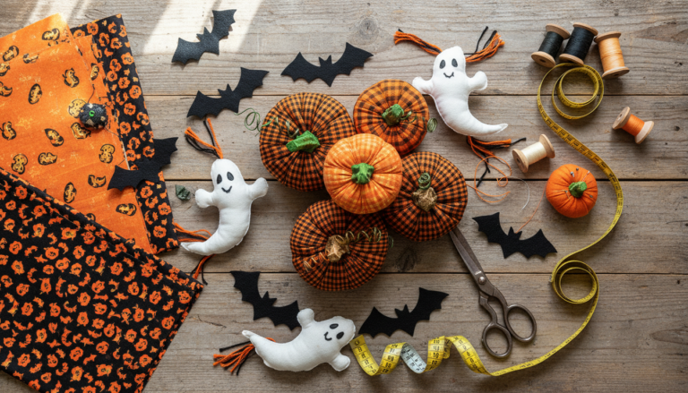 halloween sewing projects free pattern displayed on rustic wooden table with fabric scissors and orange thread