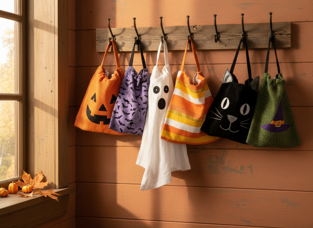 halloween sewing projects showing colorful trick treat bags with pumpkin and ghost designs