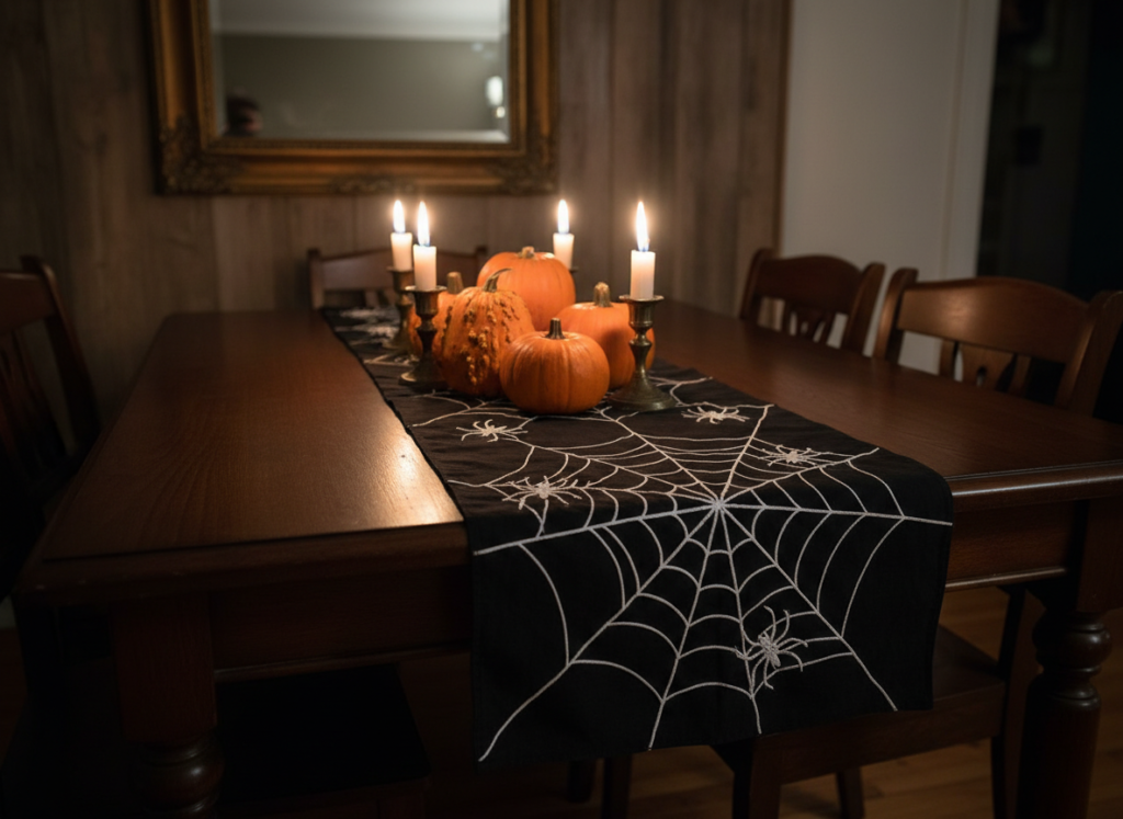 halloween table runner with spider web pattern sewn on black fabric