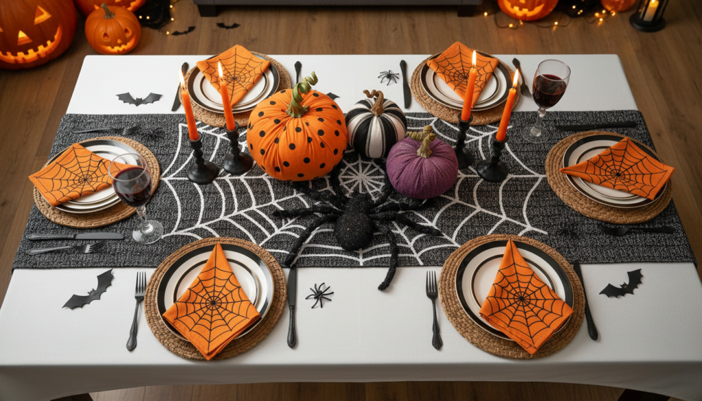halloween table setting with handmade fabric decorations and runner