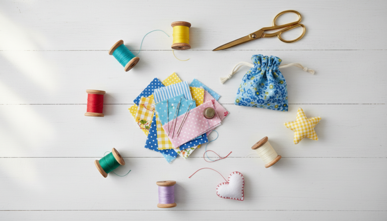 hand sewing projects for beginners with colorful fabric scraps and basic stitching supplies