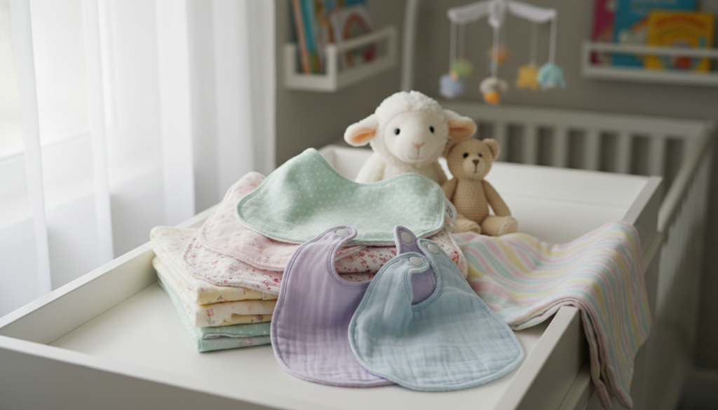 handmade baby items including burp cloths and bibs