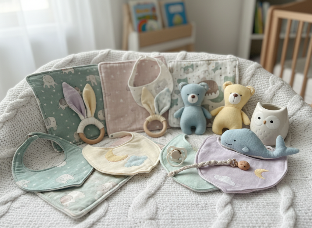 handmade baby items including burp cloths and bibs in soft fabrics