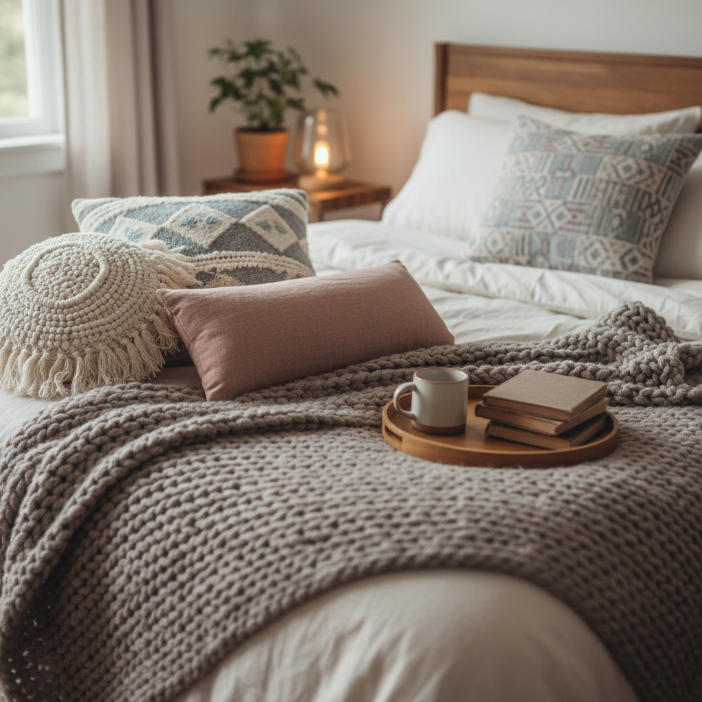 handmade bedroom items including pillow and blanket