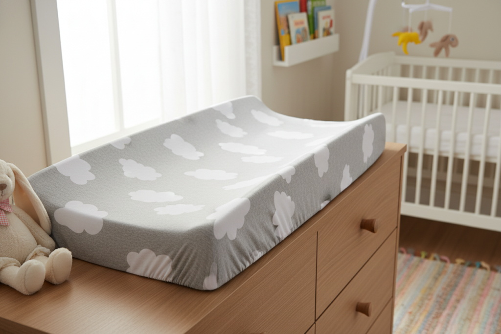 handmade changing pad cover on nursery table