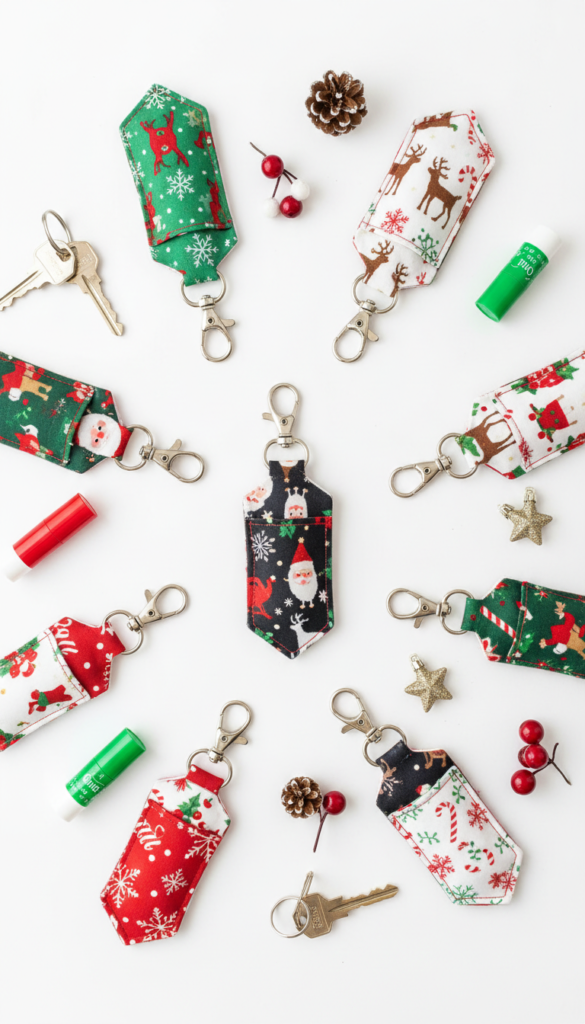 handmade chapstick holder keychains in christmas fabrics