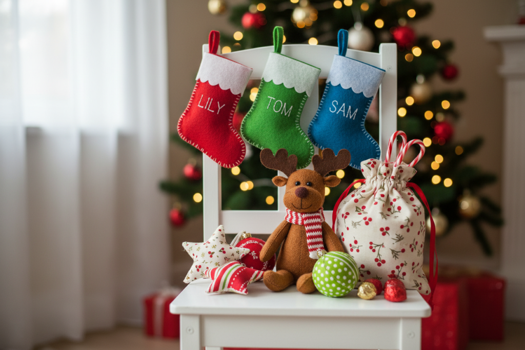 handmade children's christmas items including mini stockings and soft toys