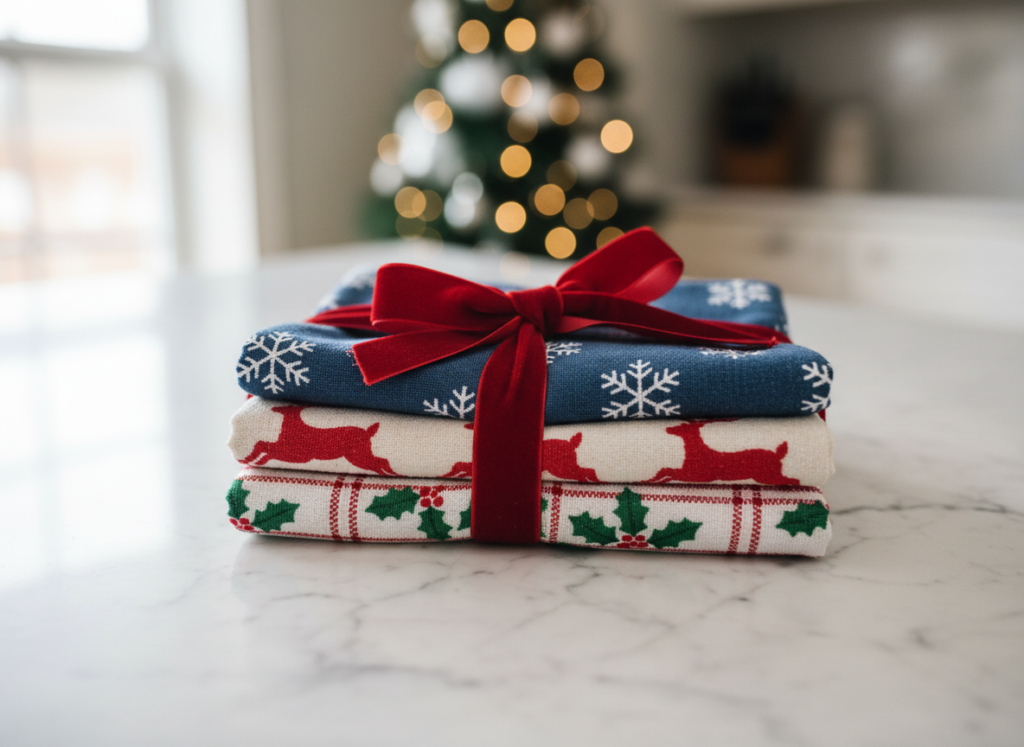 handmade christmas kitchen towels with festive patterns