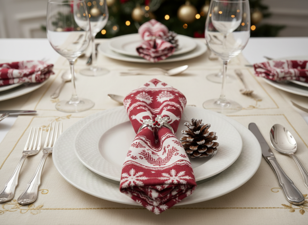 handmade cloth napkins with christmas design