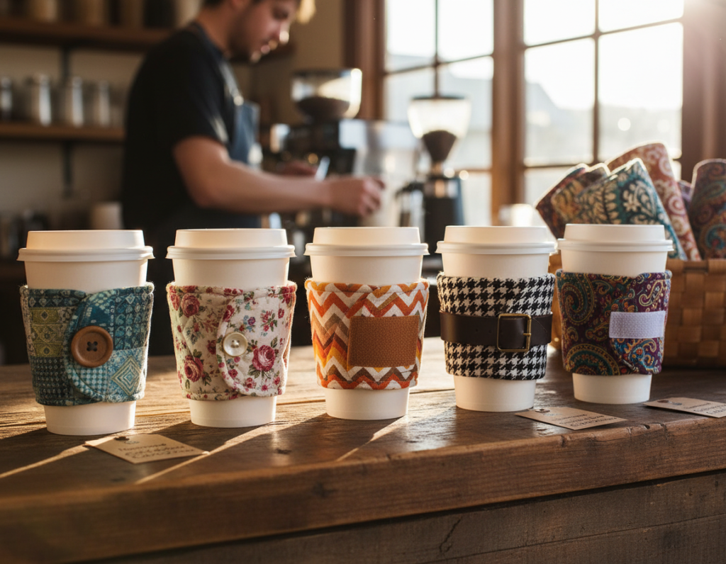 handmade coffee cup sleeves in various patterns