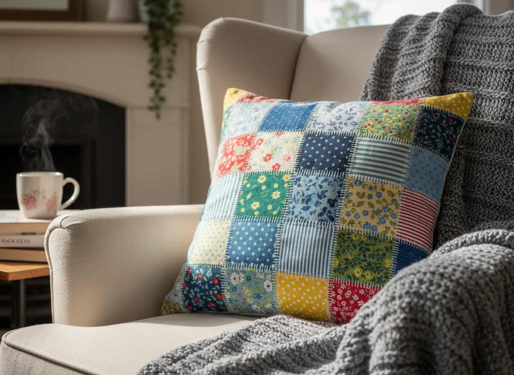 handmade decorative pillow cover with patchwork design and hand stitching details handmade decorative pillow cover with patchwork design and hand stitching details