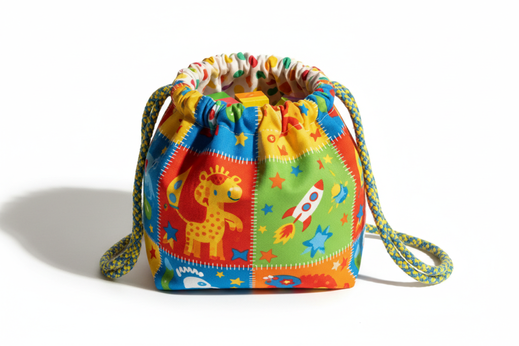 handmade drawstring bag demonstrating easy sewing projects for kids