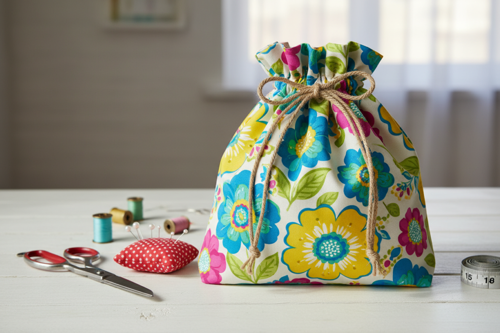 handmade drawstring bag in colorful cotton fabric