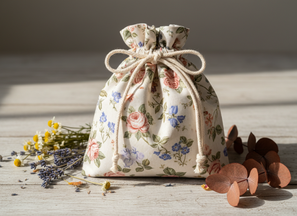 handmade drawstring bag with aesthetic floral fabric pattern