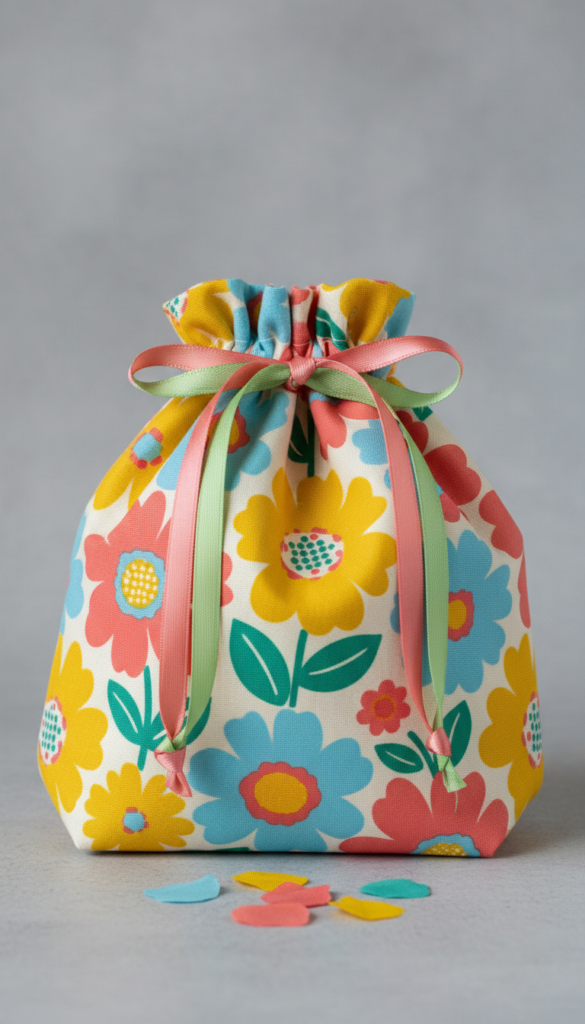 handmade drawstring bag with colorful pattern for beginners