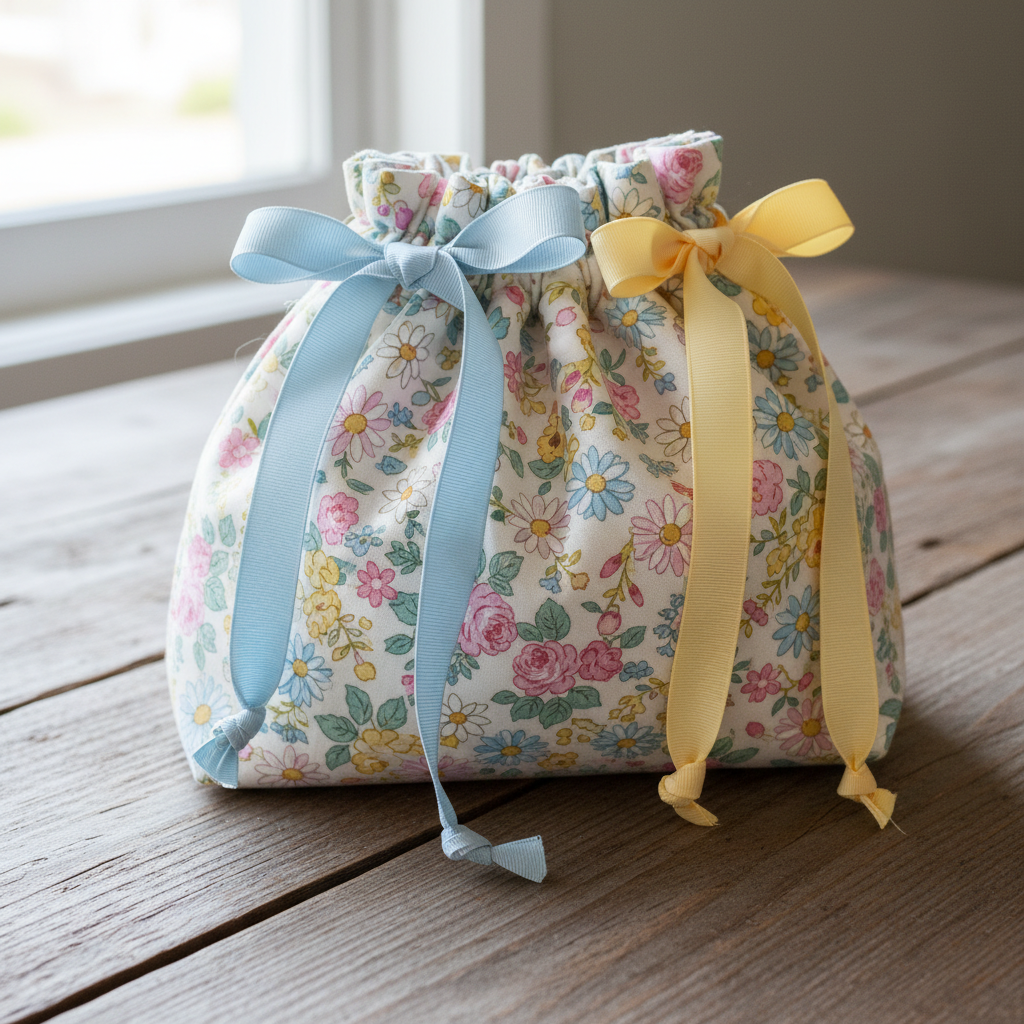 handmade drawstring bag with cute pattern