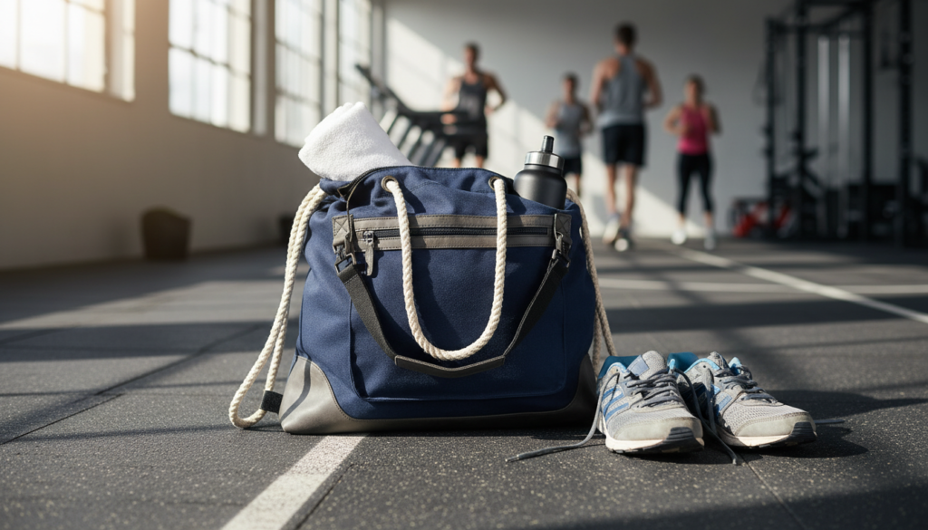 handmade drawstring gym bag with exterior pockets filled with sports gear