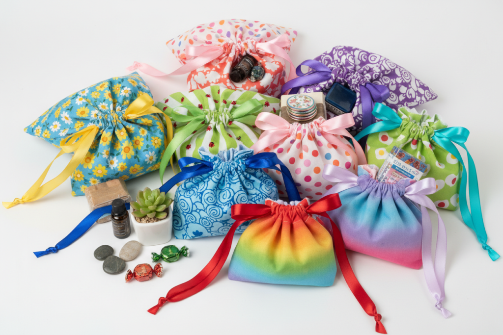 handmade drawstring pouches in various sizes and fabrics with ribbon closures handmade drawstring pouches in various sizes and fabrics with ribbon closures