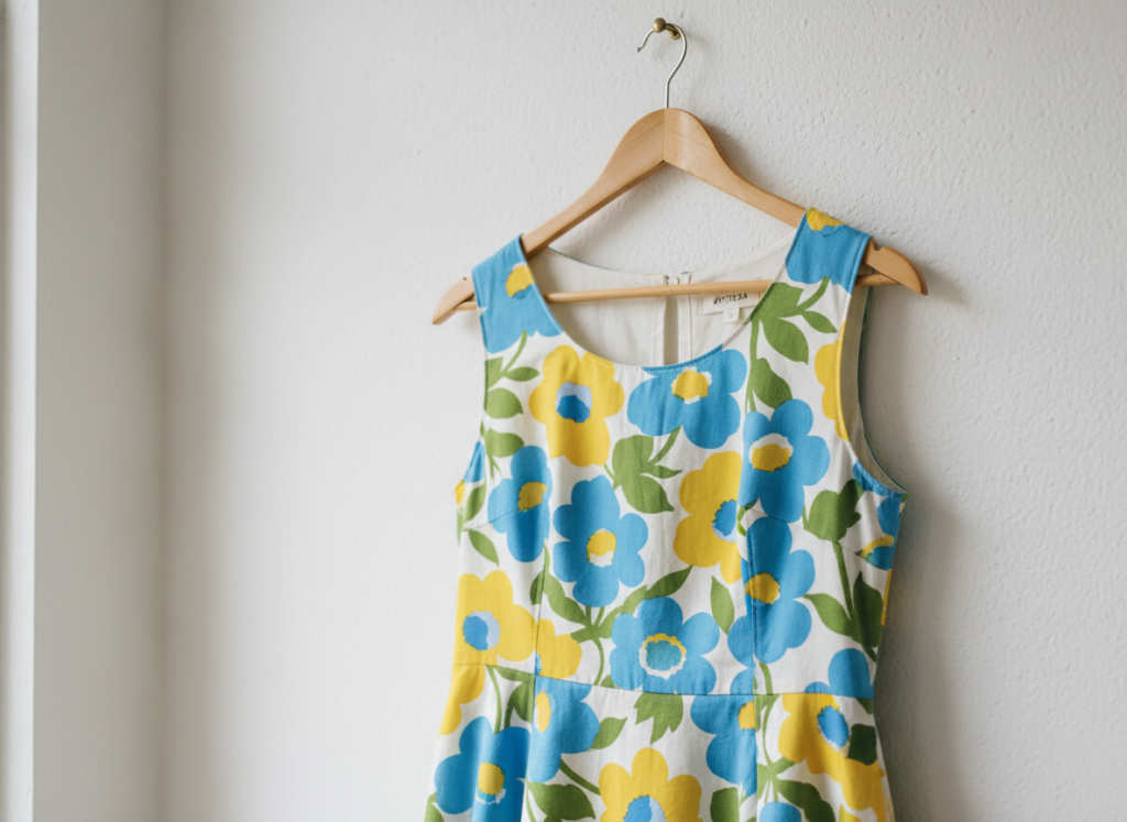 handmade dress hanging on wooden hanger showing perfect fit