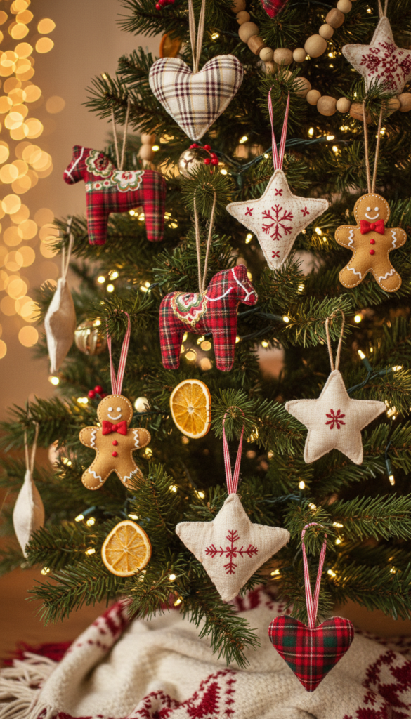 handmade fabric Christmas ornaments on tree