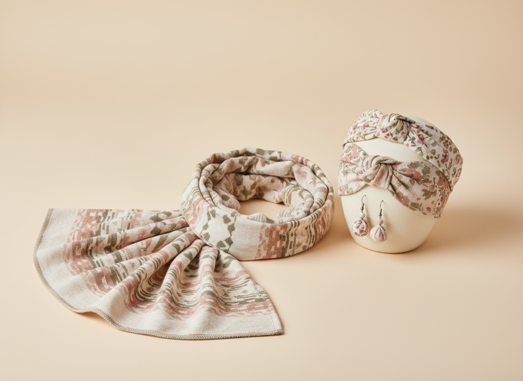 handmade fabric accessories including scarf and headband