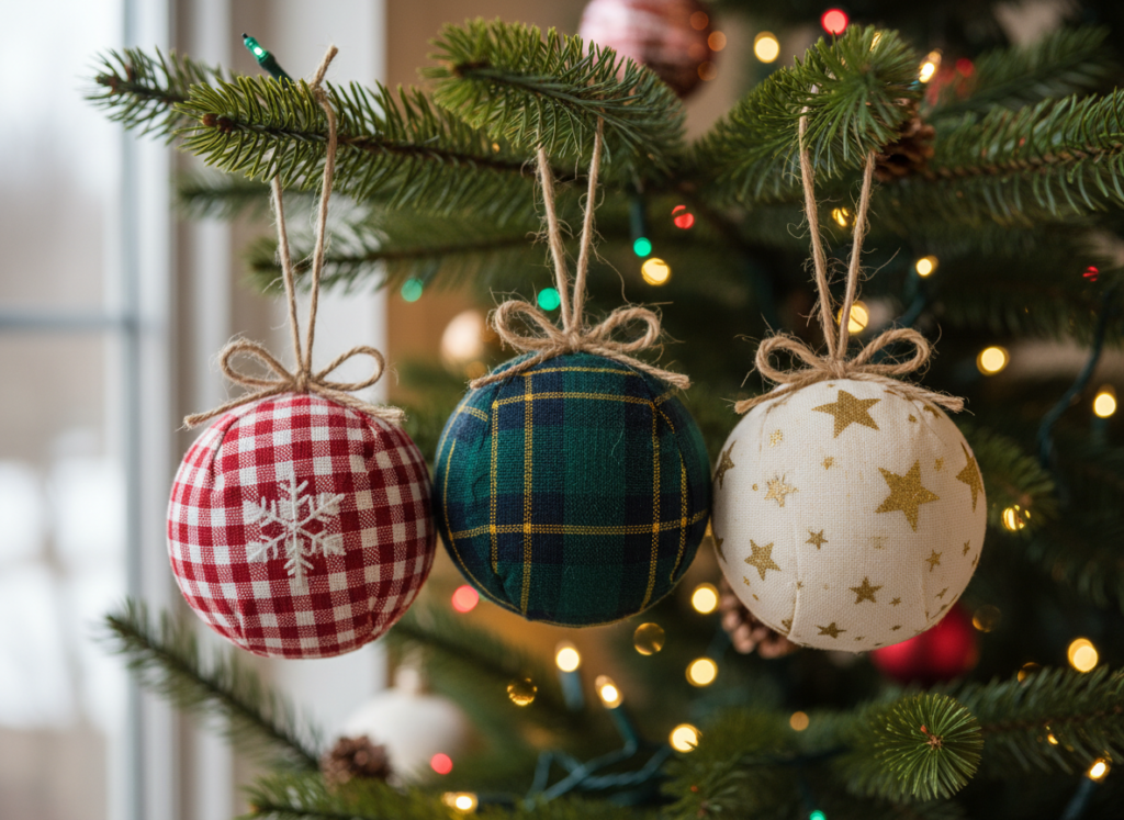 handmade fabric ball christmas ornaments in red and green patterns hanging on tree branch