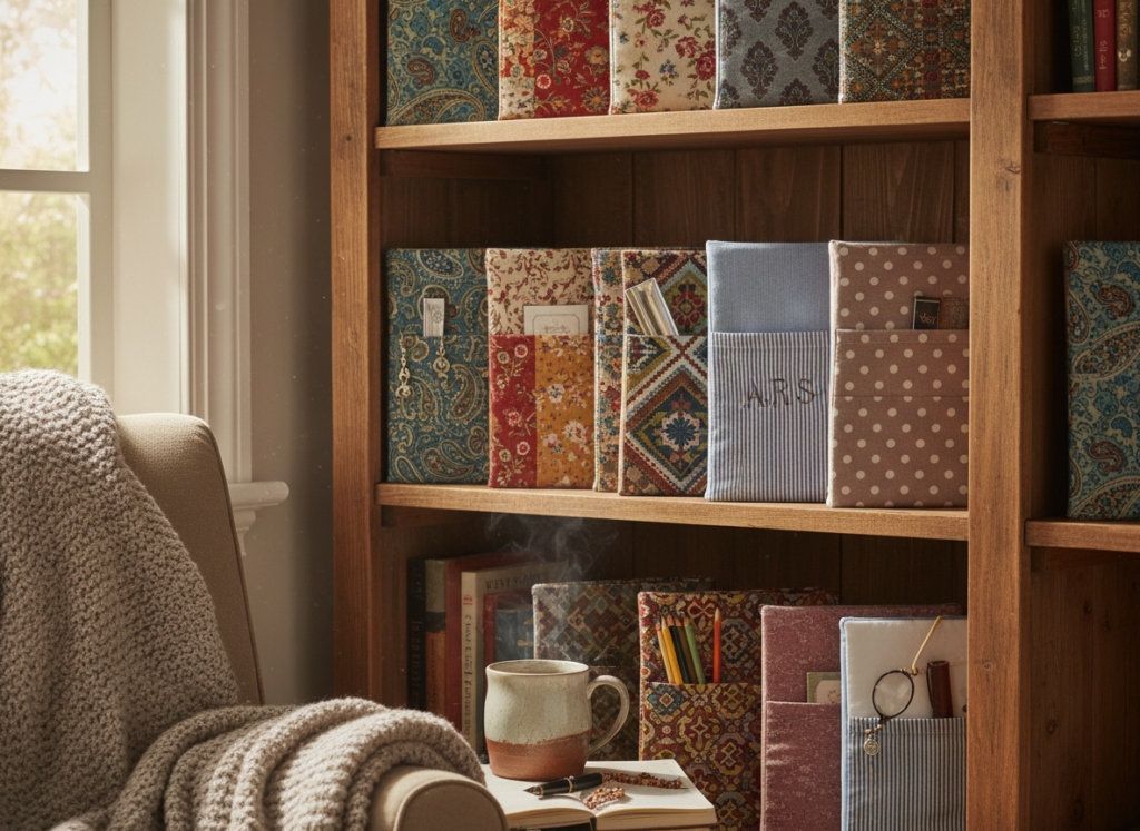 handmade fabric book covers in various patterns on shelf