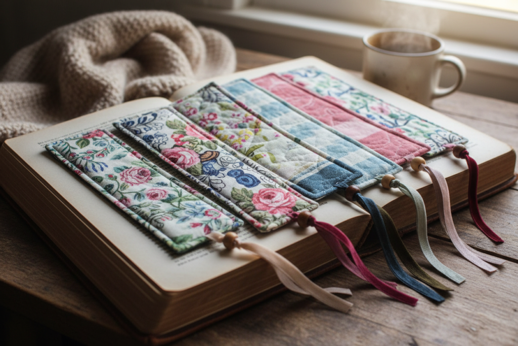 handmade fabric bookmarks with decorative stitching and ribbon details handmade fabric bookmarks with decorative stitching and ribbon details