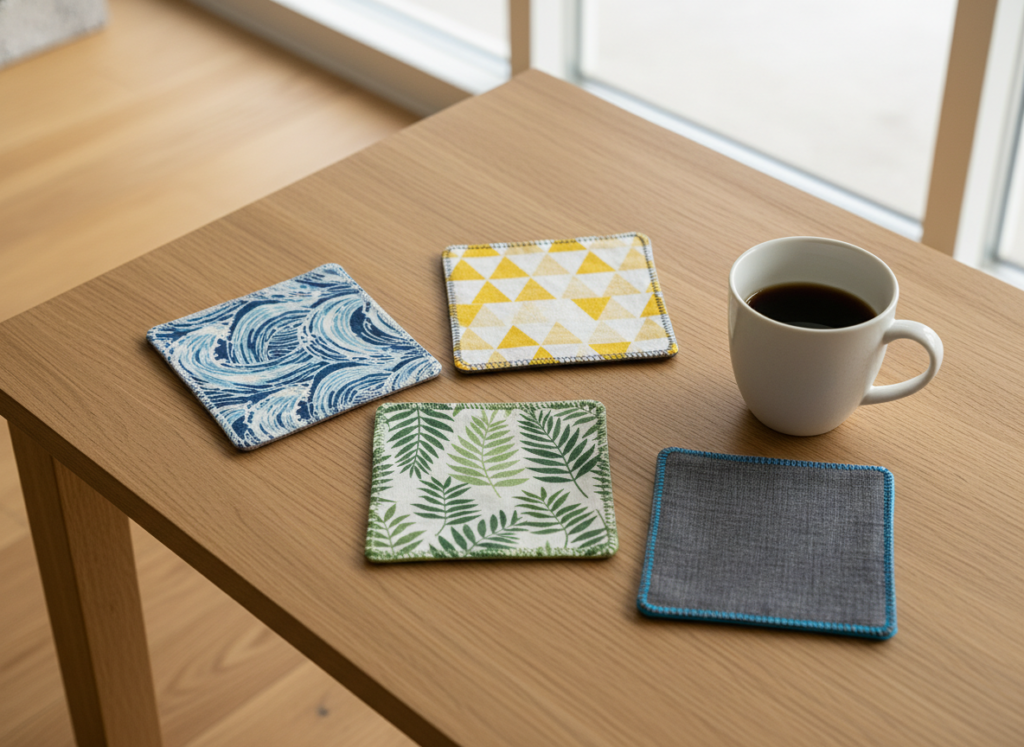 handmade fabric coasters in coordinating patterns