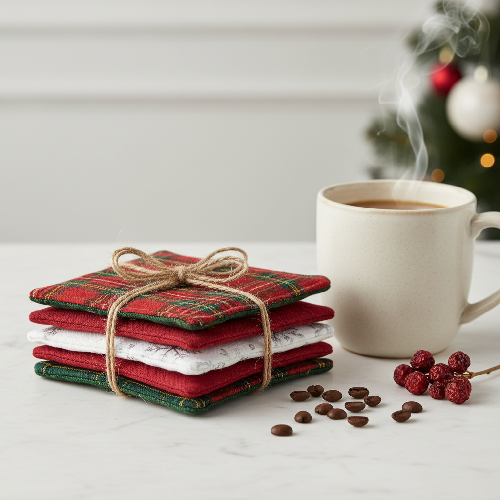 handmade fabric coasters in festive Christmas patterns arranged as gift set