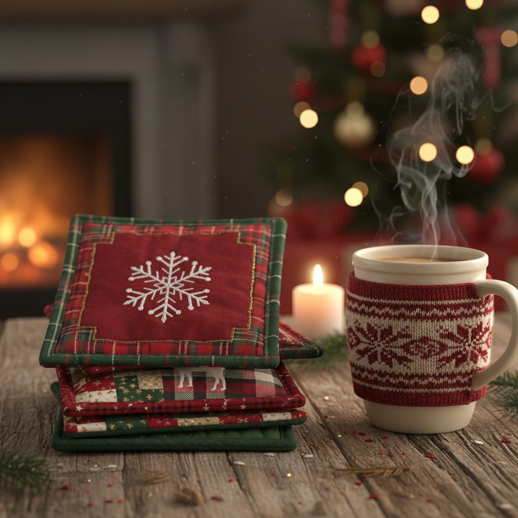 handmade fabric coasters with christmas designs