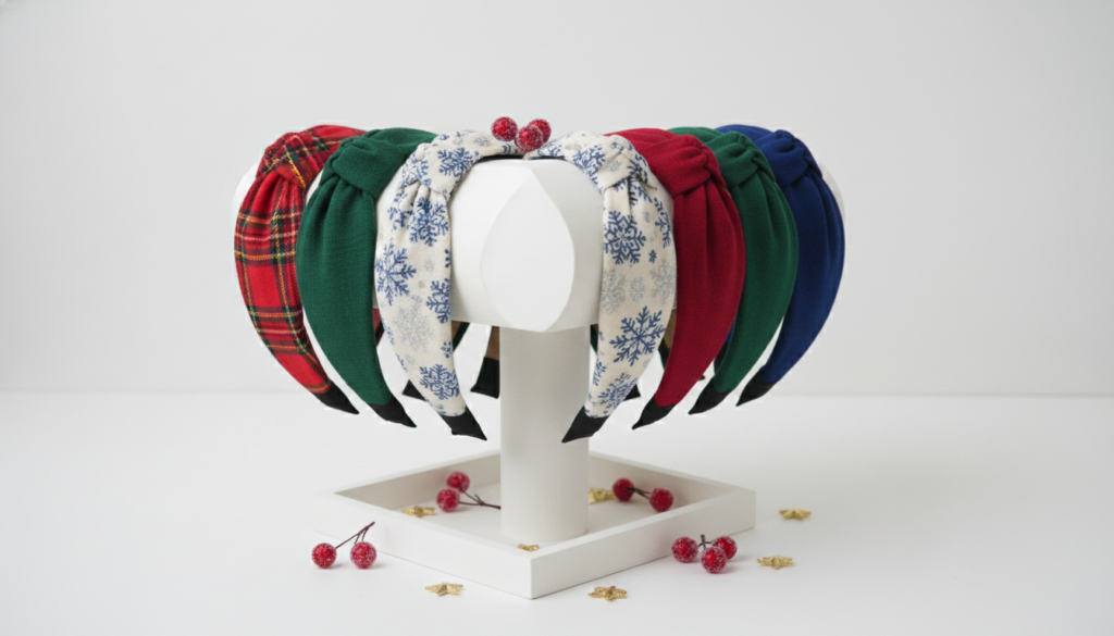 handmade fabric covered headbands in christmas patterns