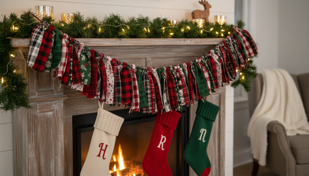 handmade fabric garland draped across fireplace mantel with greenery