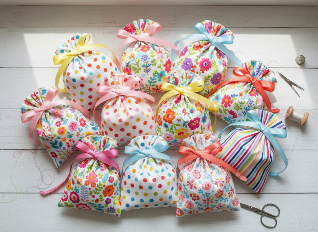 handmade fabric gift bags and small pouches in various cute patterns for easy sewing projects handmade fabric gift bags and small pouches in various cute patterns for easy sewing projects
