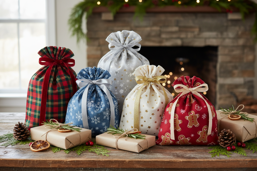 handmade fabric gift bags in festive patterns