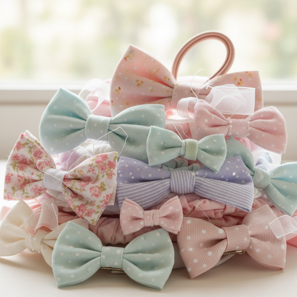 handmade fabric hair bows in aesthetic patterns and colors
